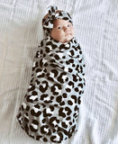 BLACK AND SILVER LEOPARD PRINT JERSEY WRAP & BOW KNOT HEADBAND GIFT SET
